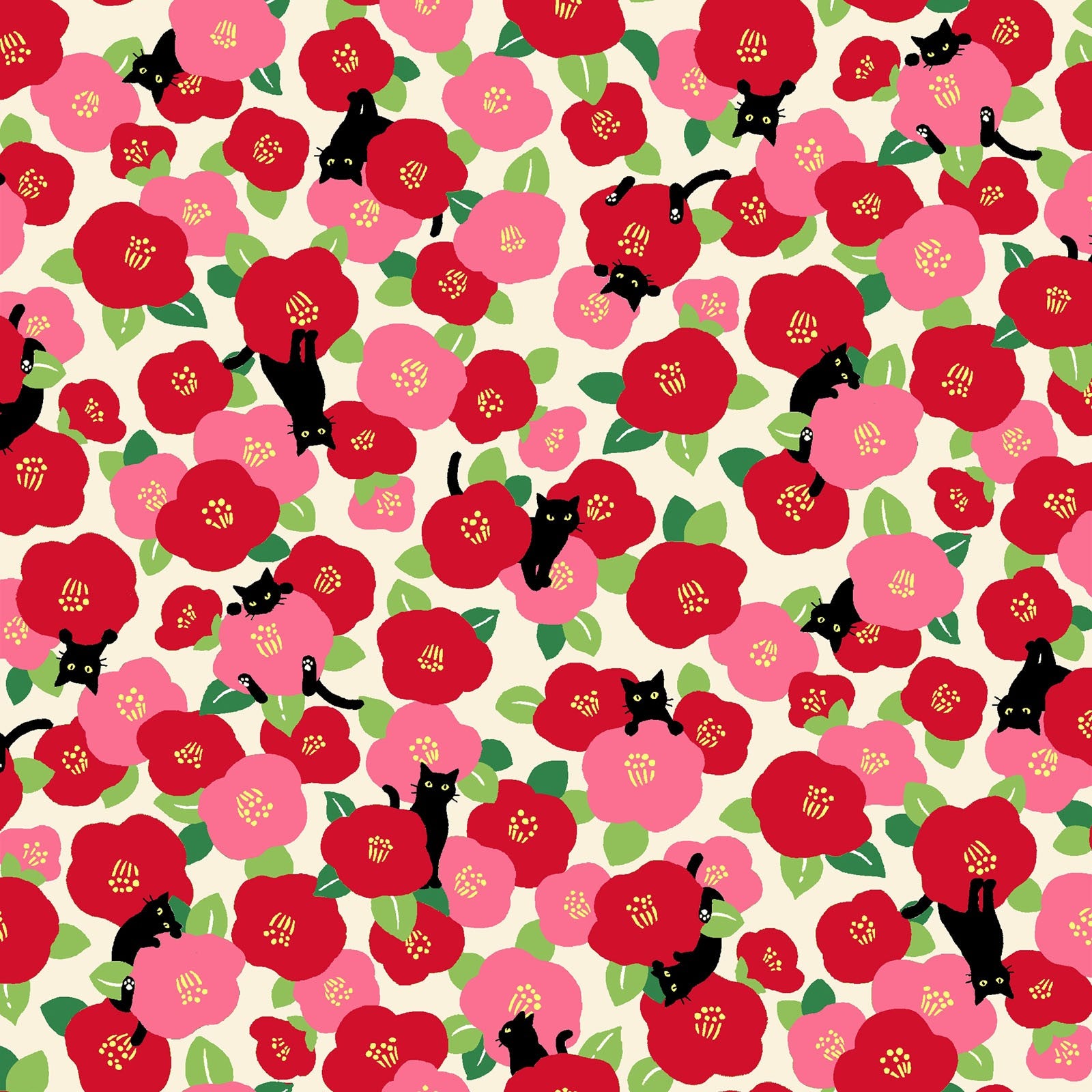 Japanese Pattern - Camilla Cats in White | Sheeting Cotton