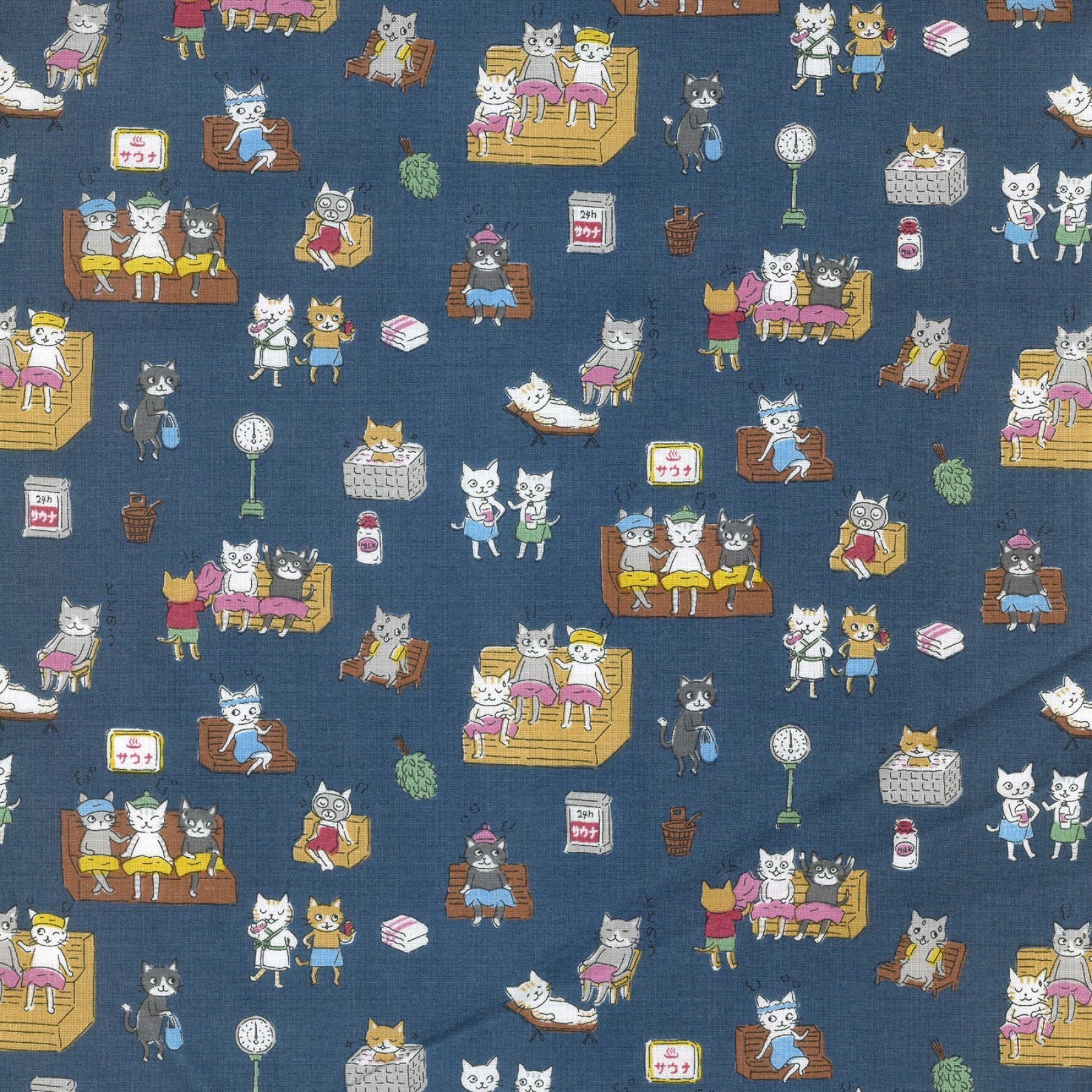 Funny Cats - Sauna in Navy | Sheeting Cotton