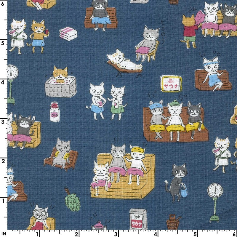 Funny Cats - Sauna in Navy | Sheeting Cotton