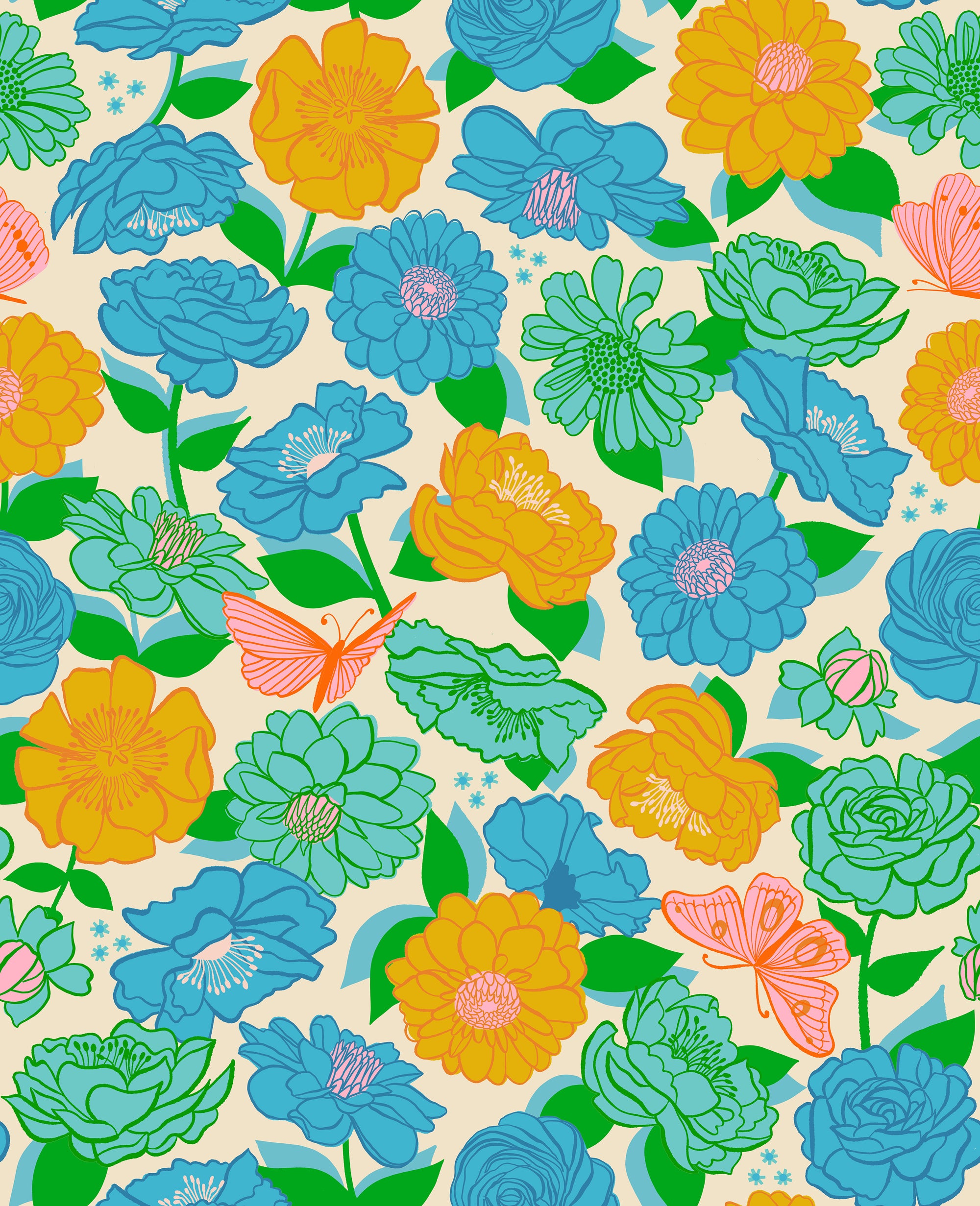 Flowerland - Vintage Floral in Turquoise | Quilting Cotton