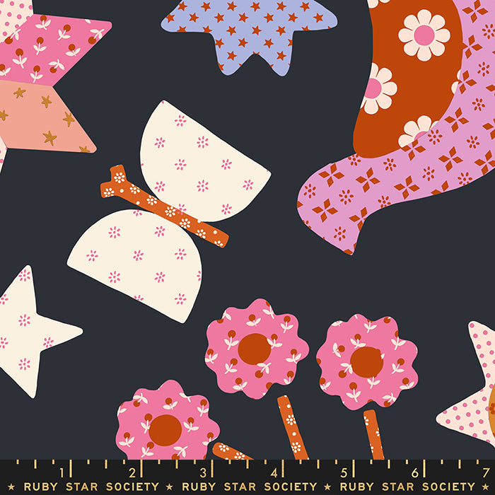 Meadow Star - Applique Menagerie in Soft Black | Quilting Cotton