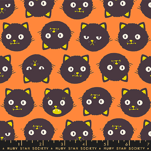 Good Spirits - Scaredy Cats in Pumpkin| Quilting Cotton | Glow in the Dark