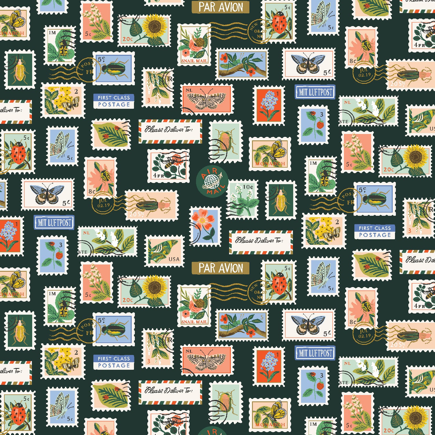 Curio - Botanical Postage Stamps in Hunter | Metallic Quilting Cotton