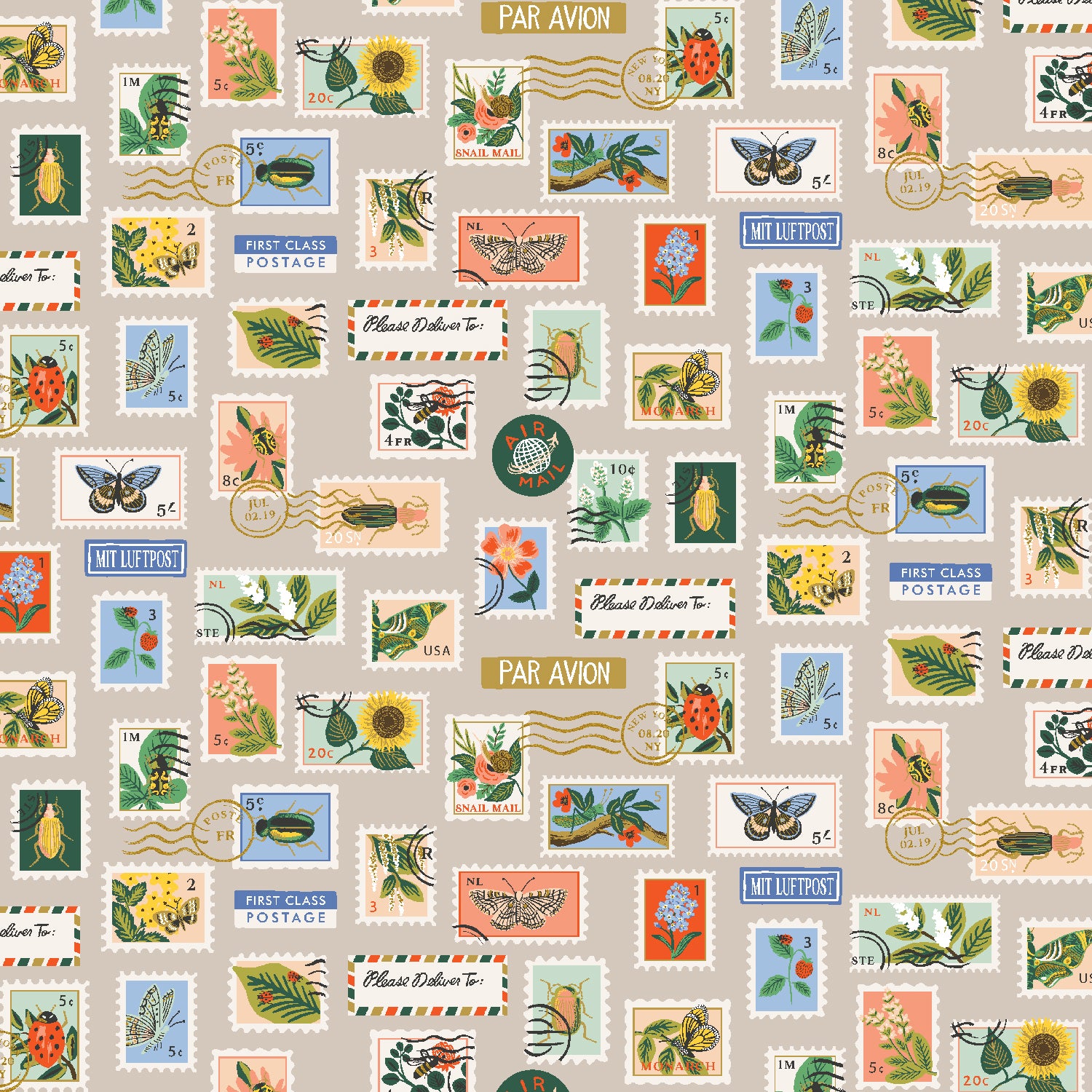 Curio - Botanical Postage Stamps in Khaki | Metallic Quilting Cotton