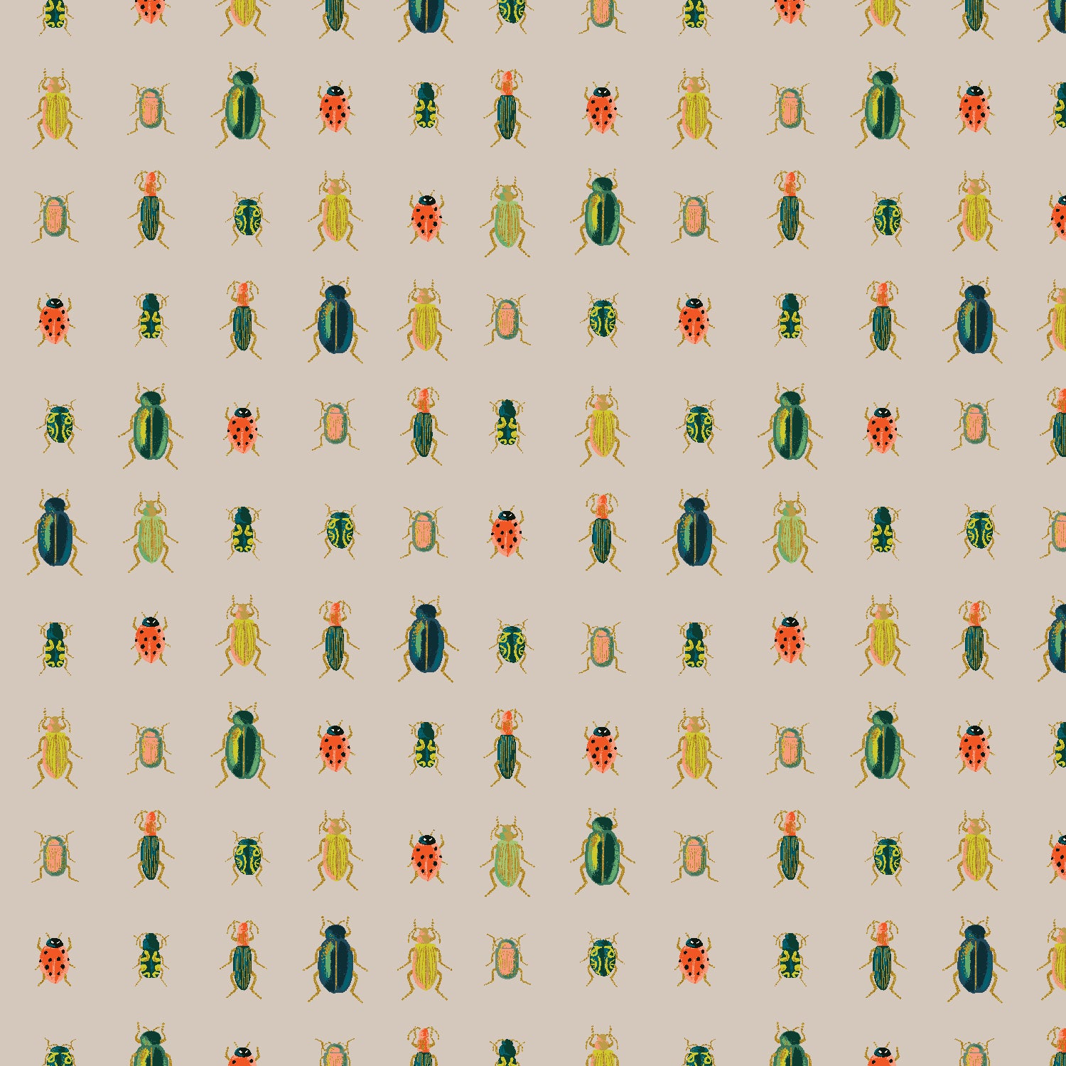 Curio - Beetles & Bugs in Khaki | Metallic Quilting Cotton