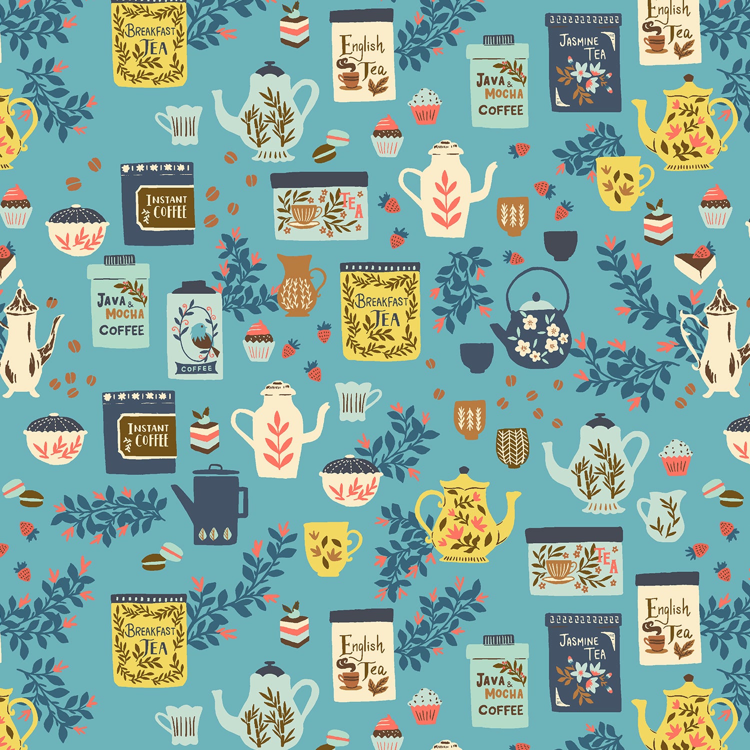 Sunday Afternoon - Coffee or Tea in Teacup Blue | Quilting Cotton