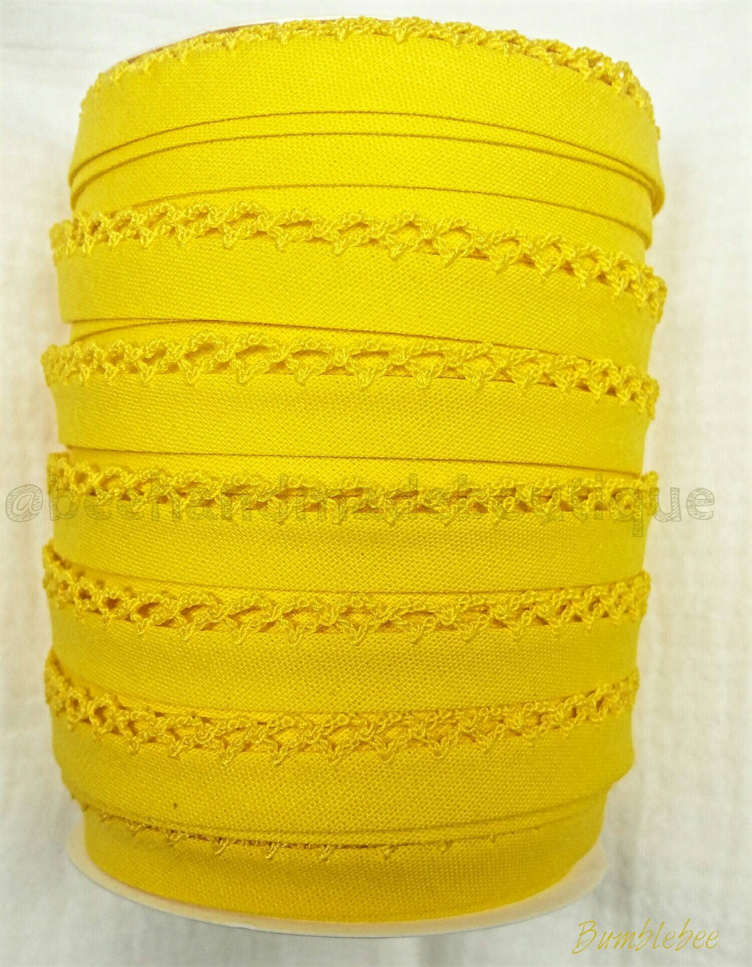 Yellow Crochet Bias Tape, Double Fold Bias Tape, Crochet Edge Bias Tape, Quilt Binding, Lace Bias Tape, BUMBLE BEE YELLOW Picot Bias Tape