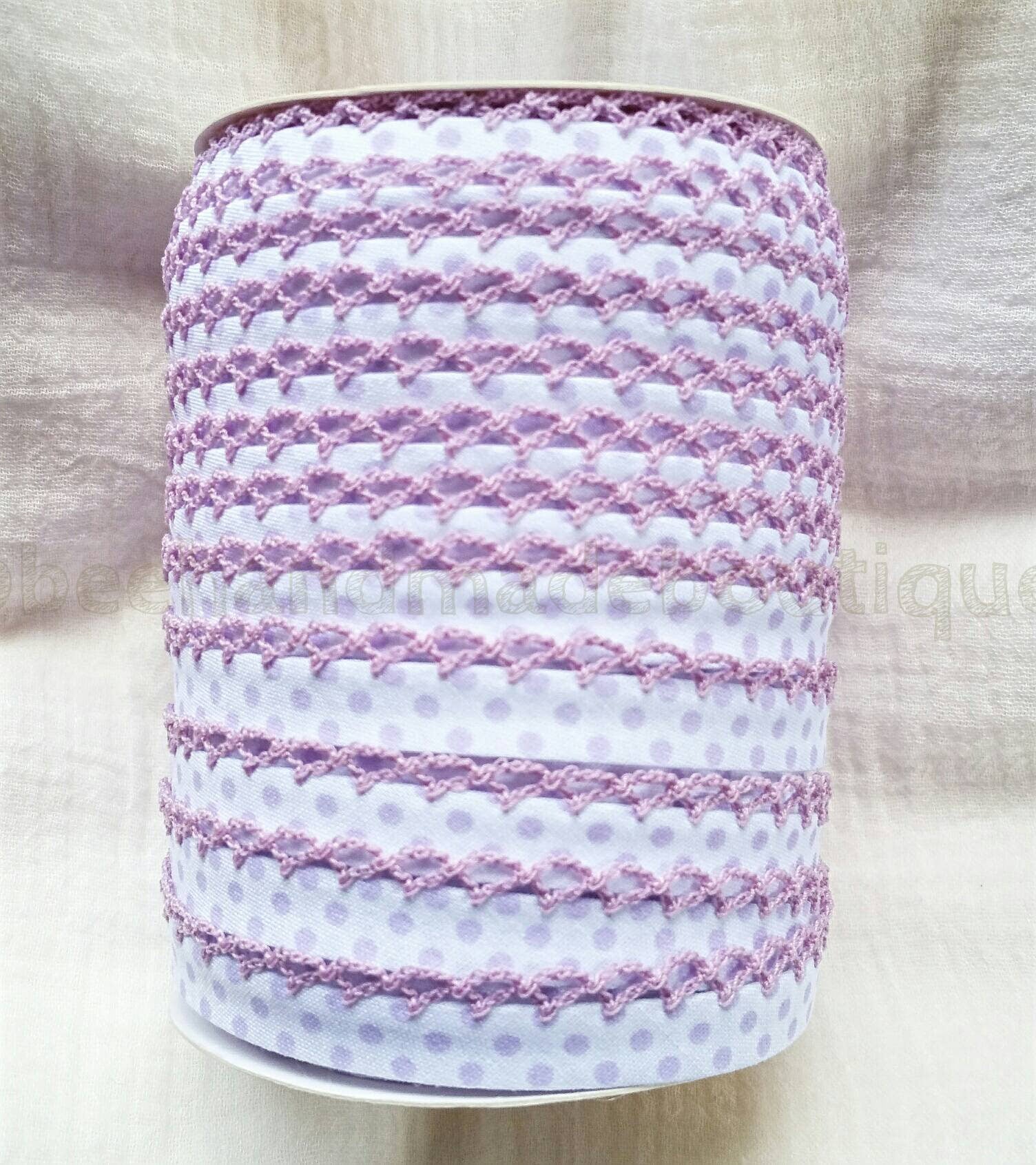 Crochet Edge Bias Tape Picot Bias Tape Double Fold Bias Tape Binding Lilac Purple Trim Polka Dot on White Tape Color BTY