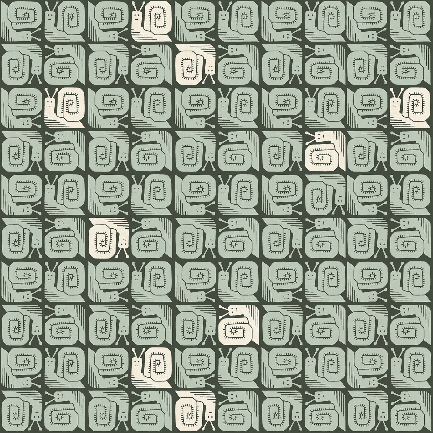 In the Woods - Happy Snails in Dark Green | Unbleached Cotton