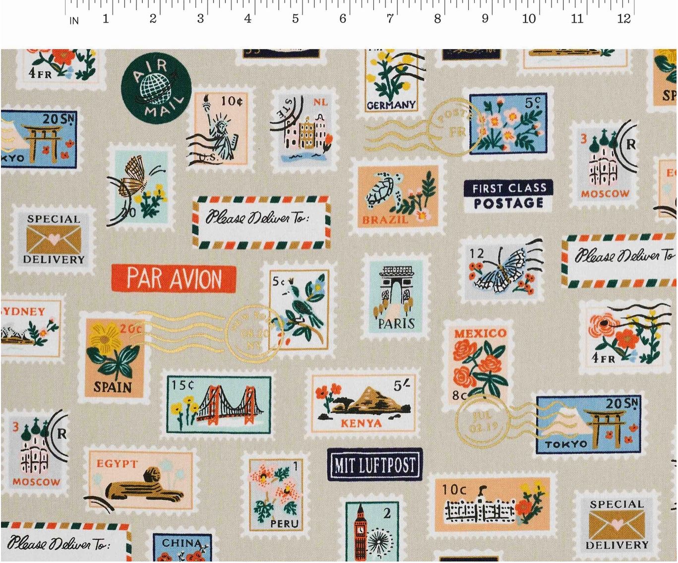 Bon Voyage - Postage Stamps in Natural with Metallic | Unbleached Canvas