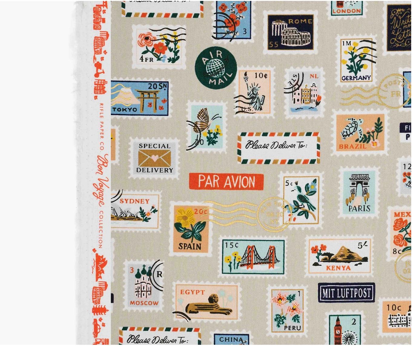 Bon Voyage - Postage Stamps in Natural with Metallic | Unbleached Canvas