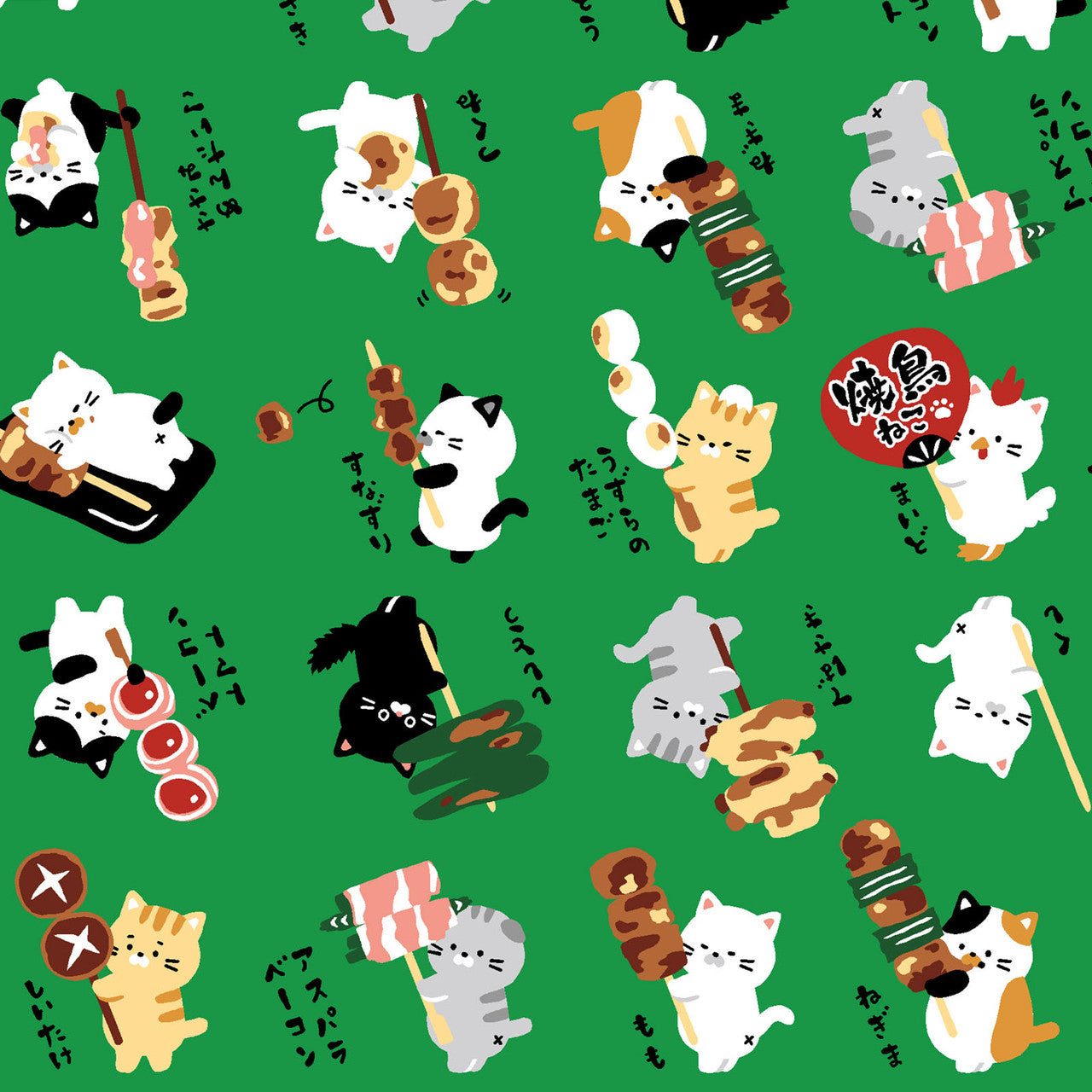 Wa Monogatari - Dango Cats in Green | Dobby Cotton