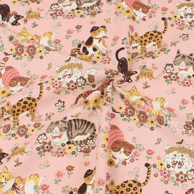Powerful Animal - Floral Cats in Pink | Oxford Cotton