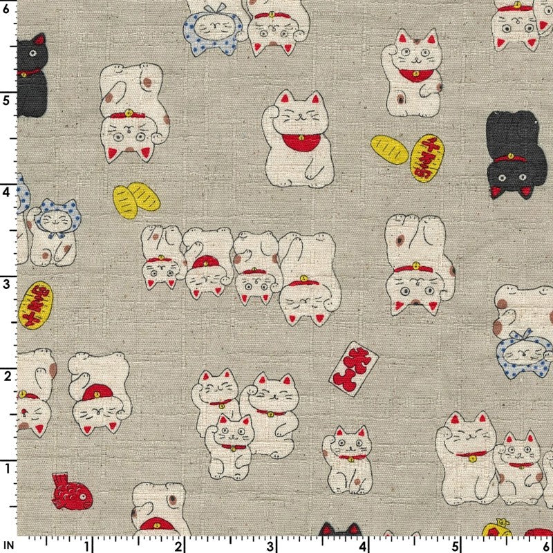 Happy Cats - Lucky Cats in Natural | Dobby Cotton