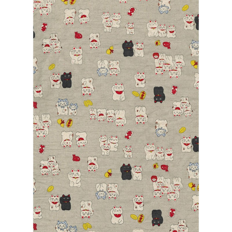 Happy Cats - Lucky Cats in Natural | Dobby Cotton