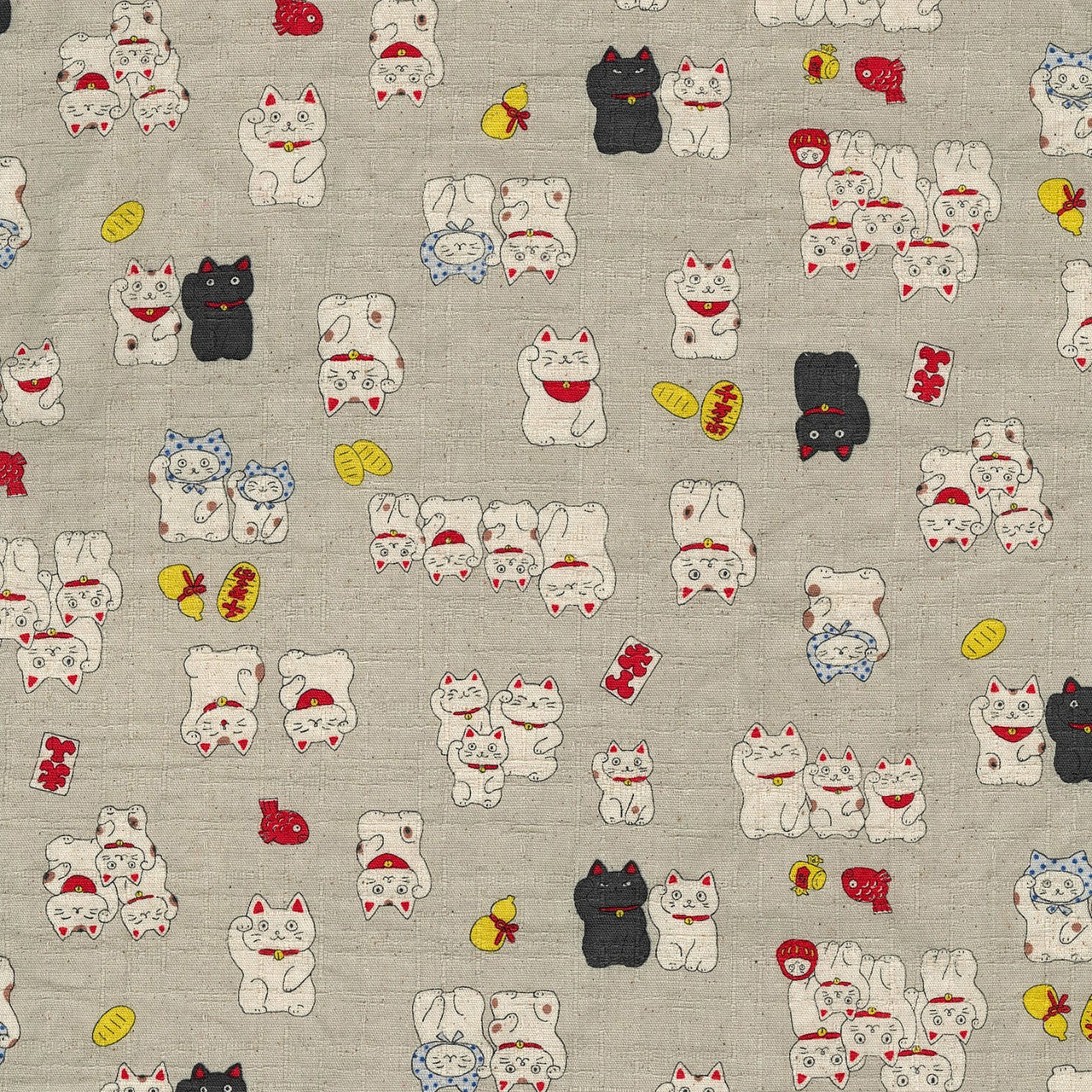 Happy Cats - Lucky Cats in Natural | Dobby Cotton
