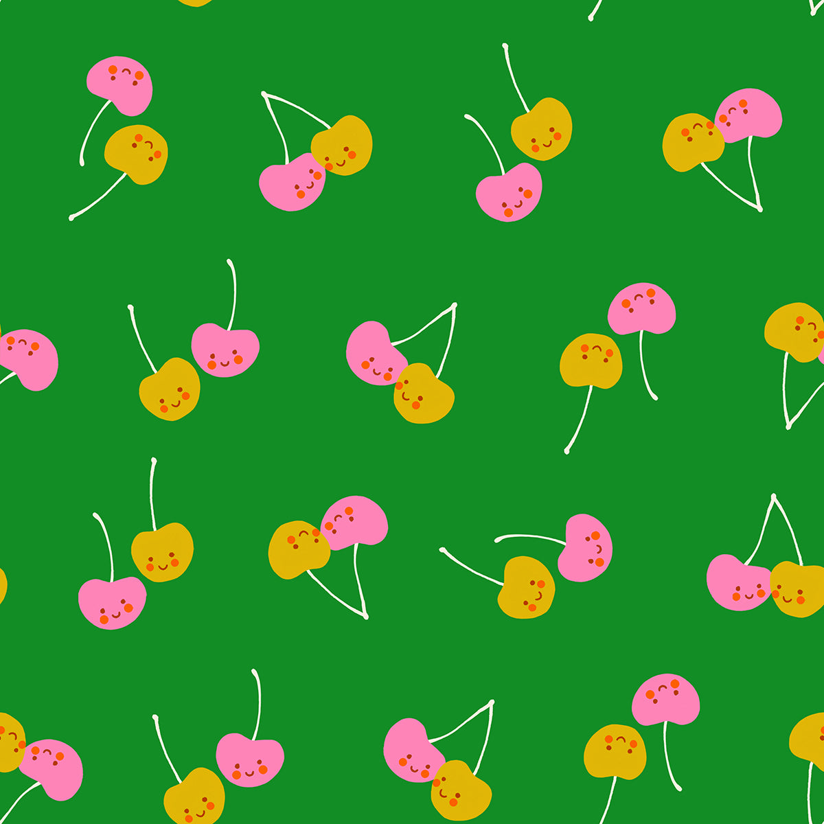 Trinketry - Cherry Friends in Deep Verdant| Quilting Cotton