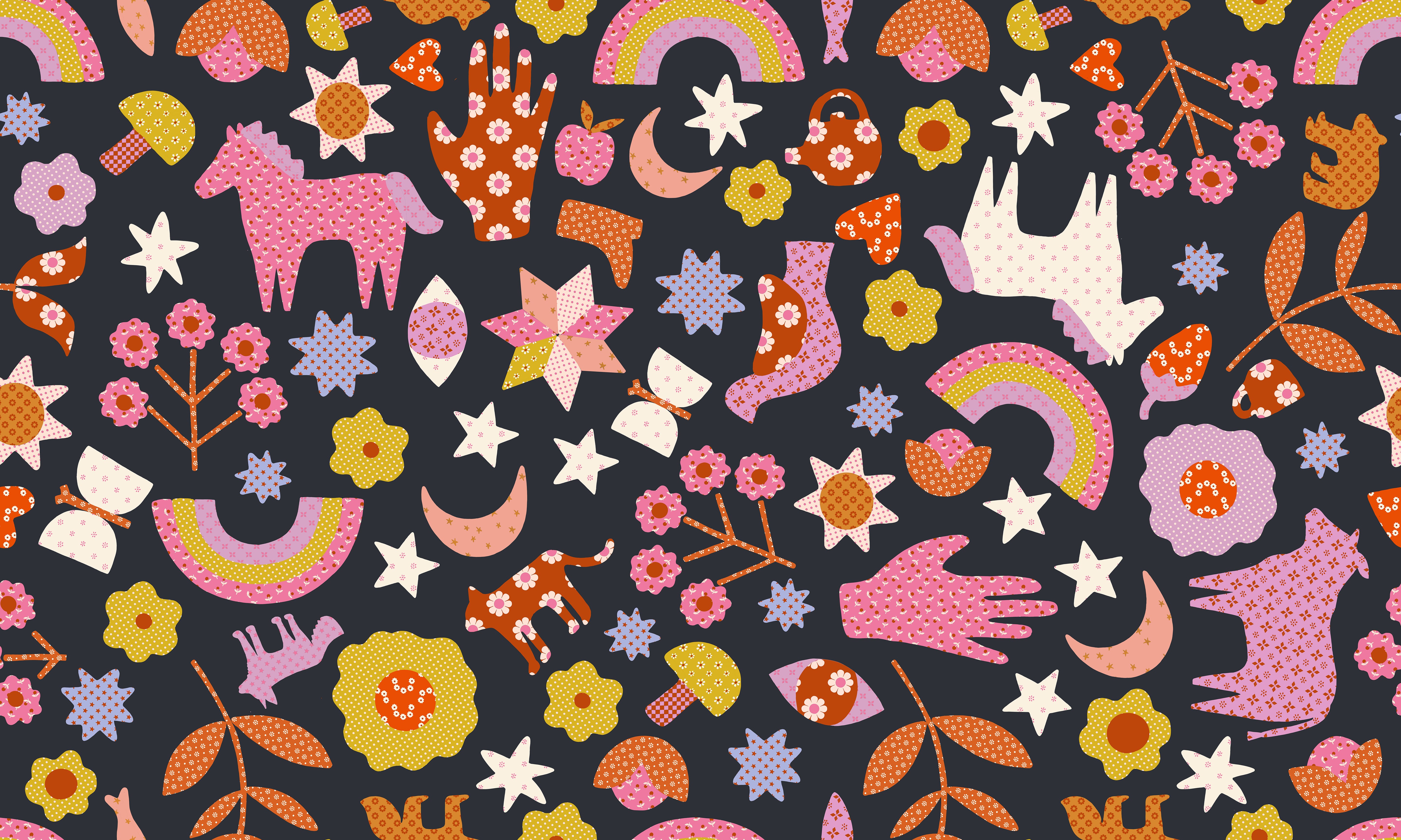 Meadow Star - Applique Menagerie in Soft Black | Quilting Cotton