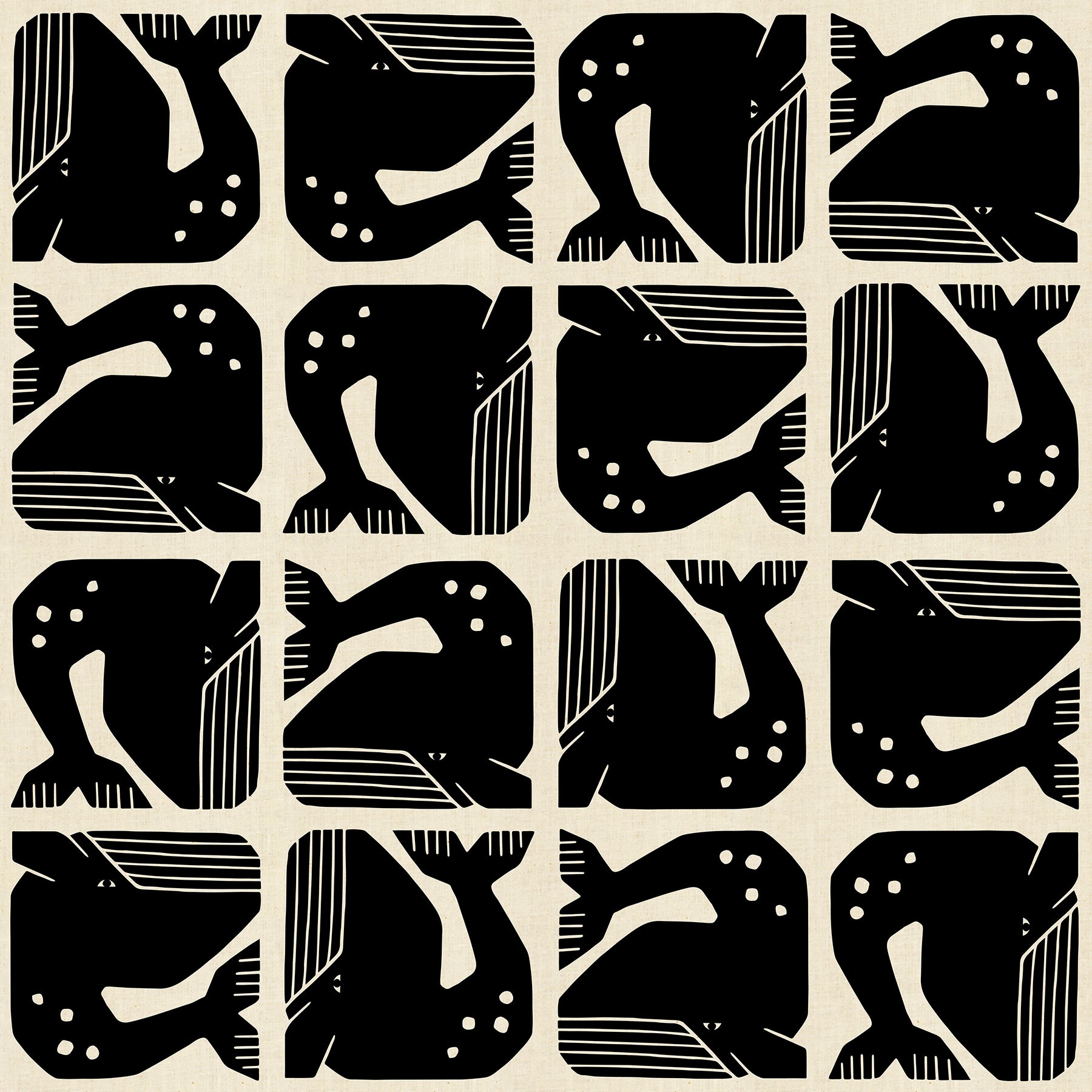 By The Seaside - Grumpy Whale - Black | Unbleached Quilting Cotton