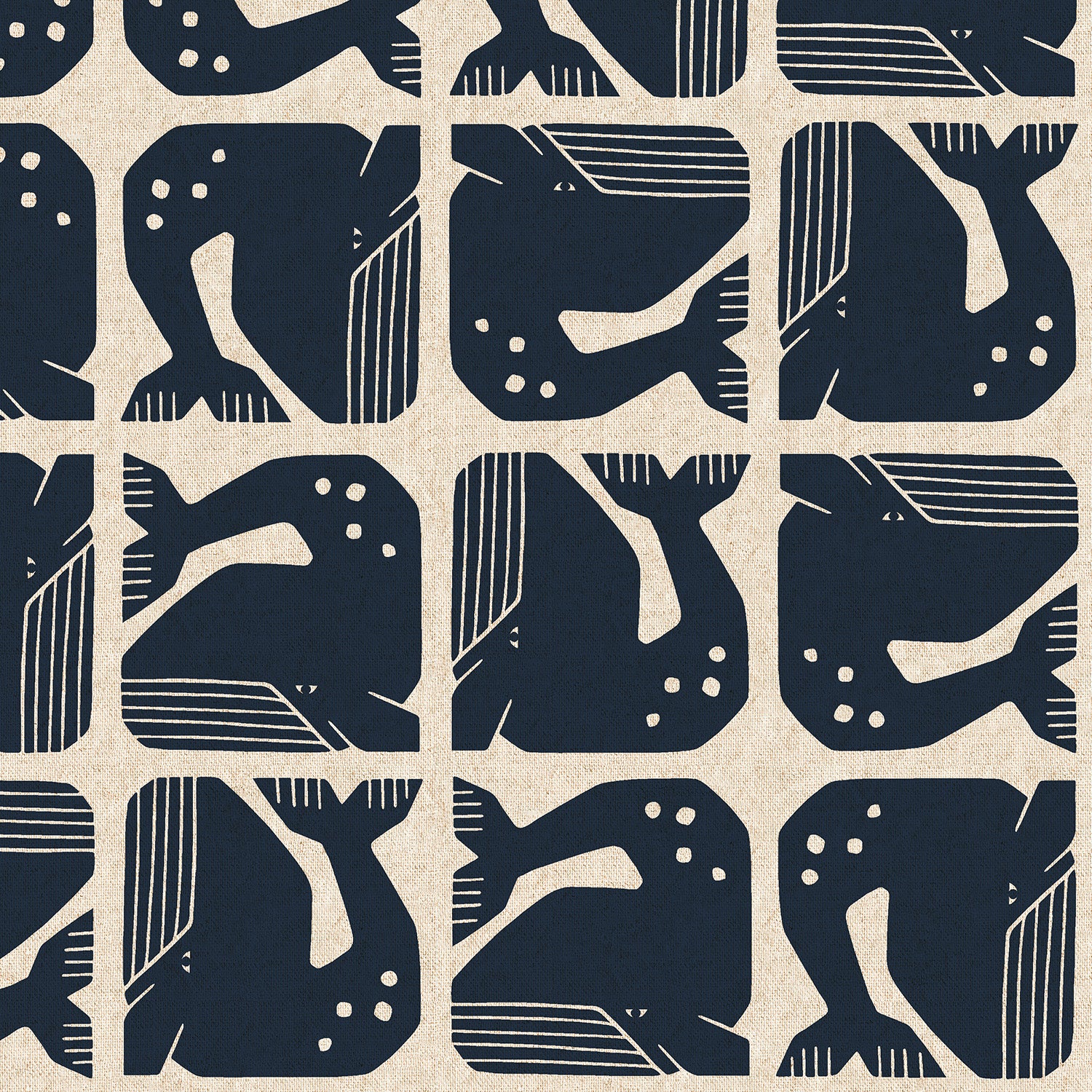 By The Seaside - Grumpy Whale - Navy | Unbleached Cotton Linen Canvas