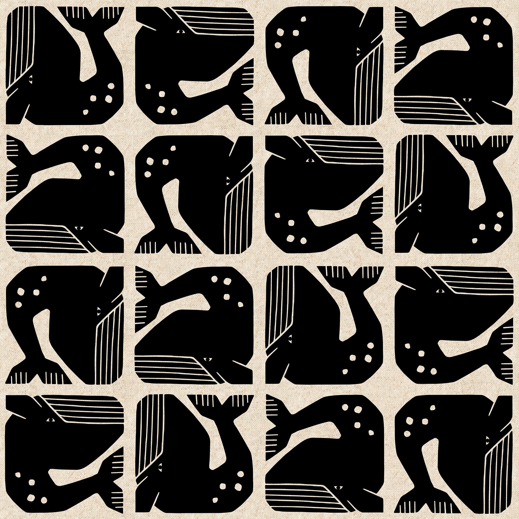 By The Seaside - Grumpy Whale - Black | Unbleached Cotton Linen Canvas
