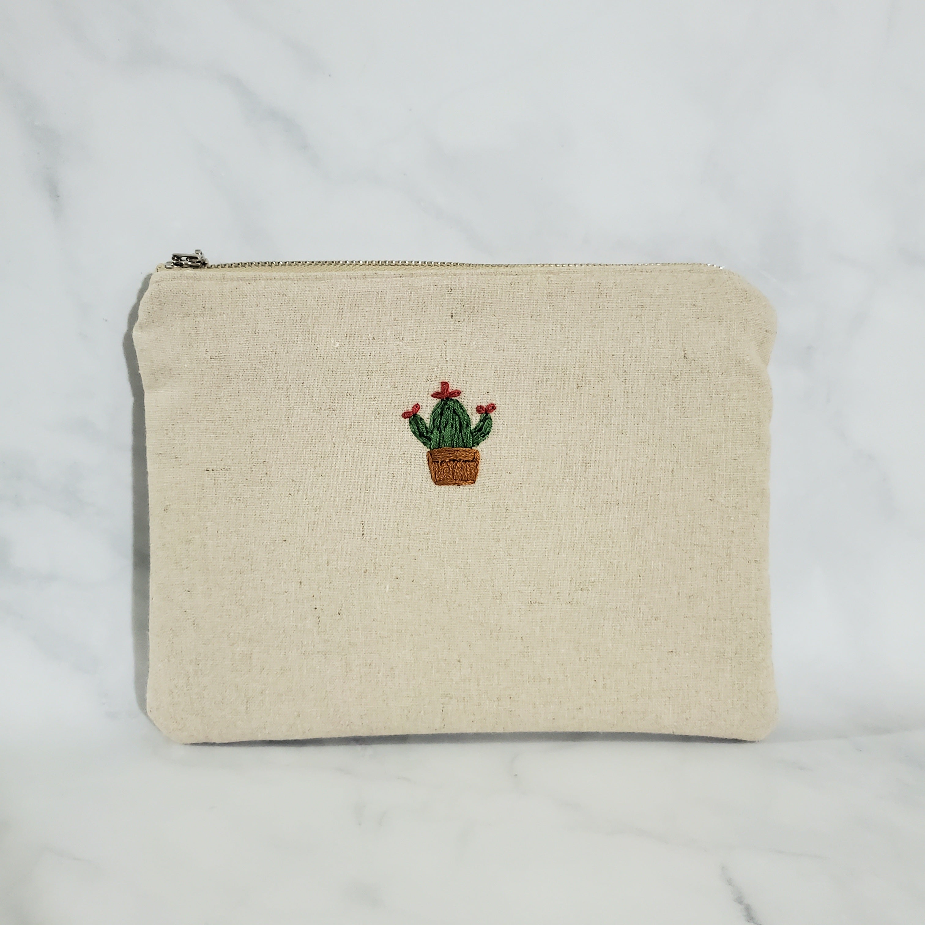 Hand Embroidered Zipper Pouch - Cactus (A)