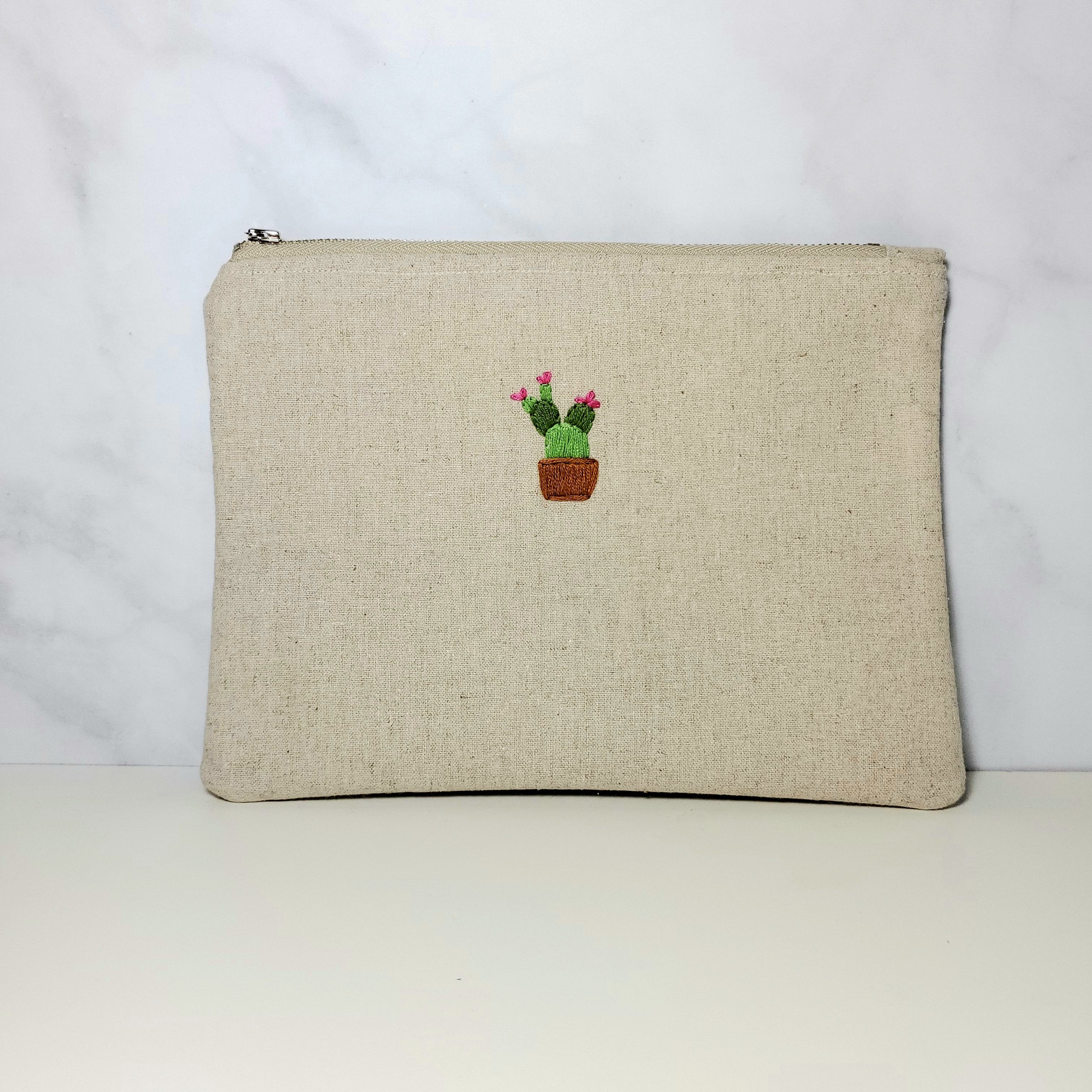 Hand Embroidered Zipper Pouch - Cactus (D)