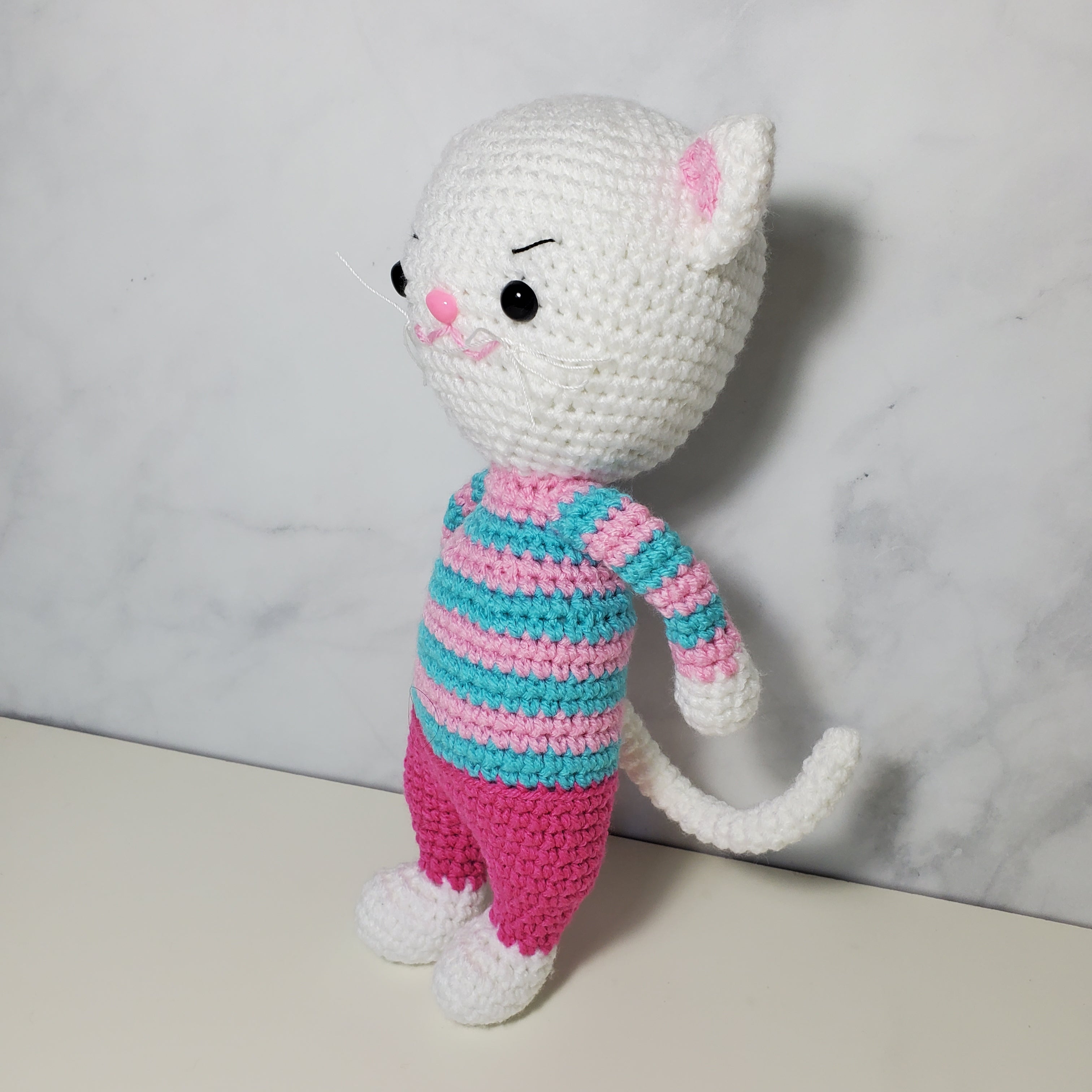 White Cat with Stripe Shirt Plush Toy