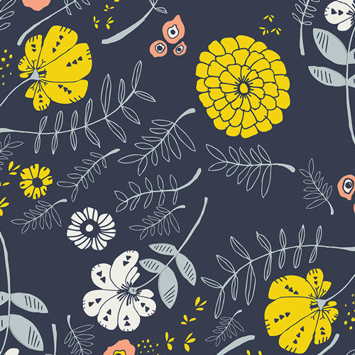 Leah Duncan Fabric, Meadow Vale Dark, Tule, Art Gallery Fabric, Blue Floral Fabric, Yellow Floral Fabric, Summer Light Weight Cotton,