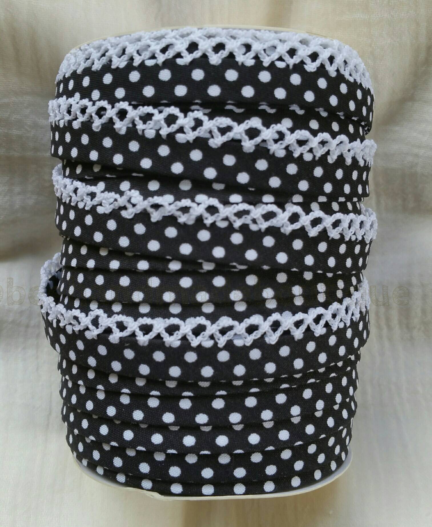 Black Polka Dot Bias Tape, Crochet Edge Bias Tape, Picot Bias Tape, Quilt Binding, Sewing Supplies, Craft Supplies, Lace Bias Tape, Trim BTY