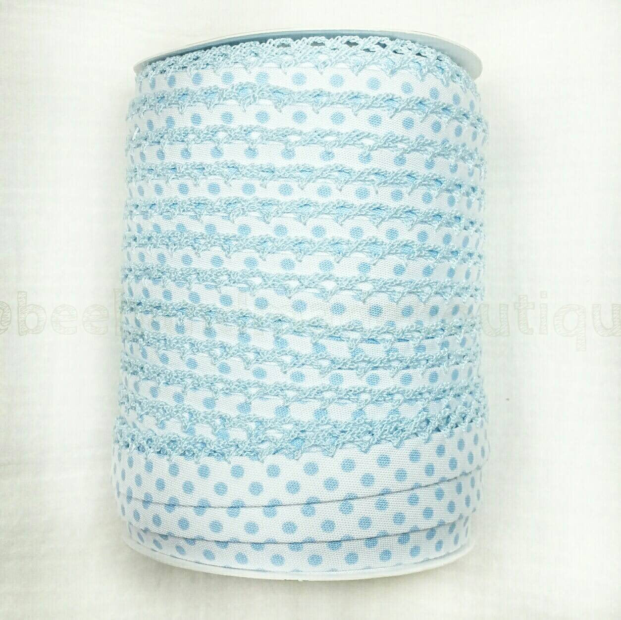 Blue Polka Dot Bias Tape, Double Fold Bias Tape, Crochet Bias Tape, Crochet Edge Bias Tape, Picot Bias Tape, BABY BLUE Dot on White, BTY