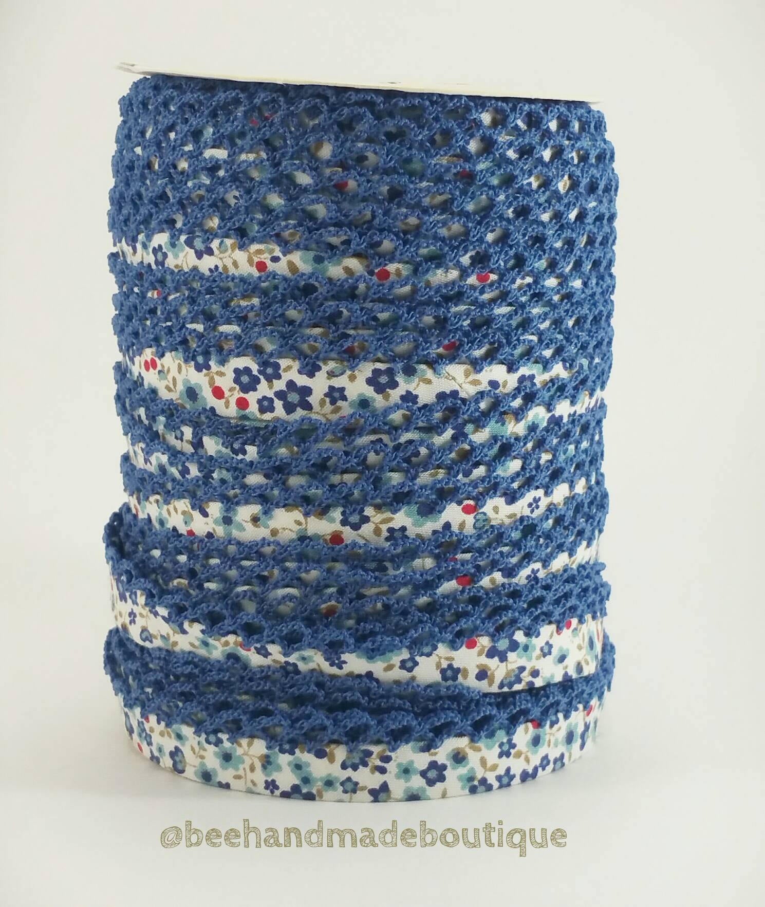 Blue Floral Double Fold Bias Tape, Floral Crochet Edge Bias Tape, Blue Bias Tape, Picot Bias Tape, Bias Tape by the Yard, Quilt Binding