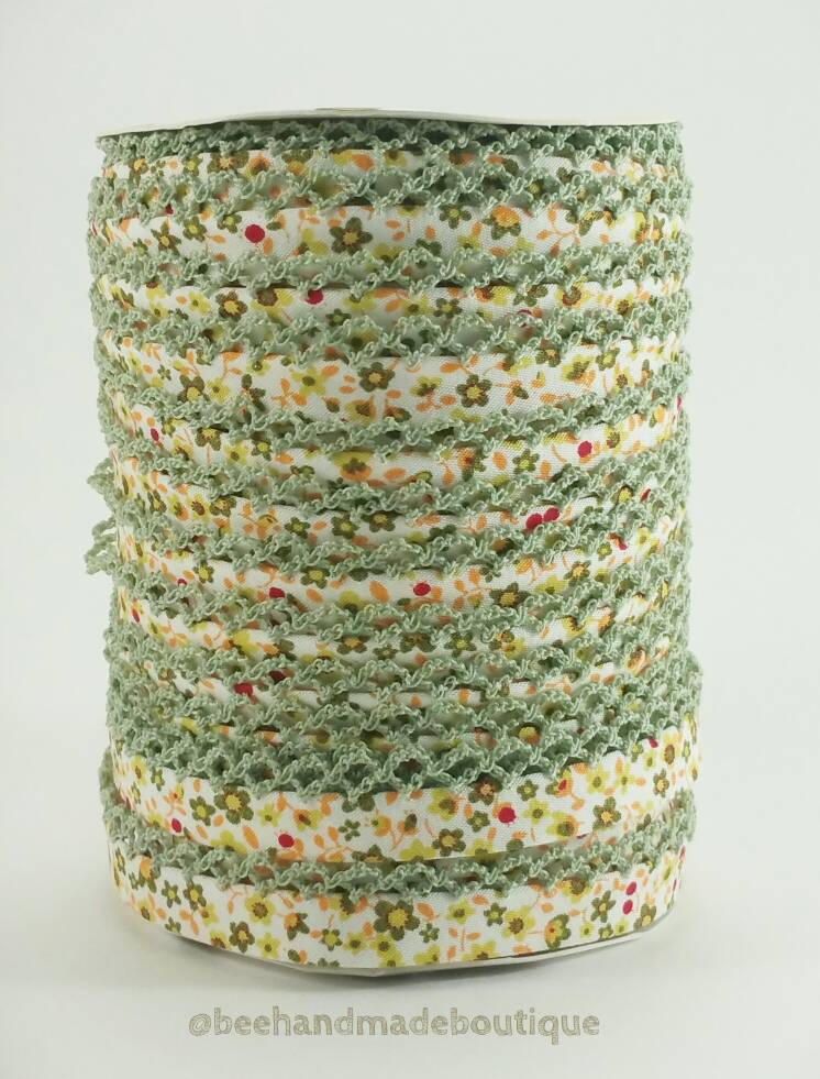 Crochet Edge Bias Tape Picot Bias Tape Double Fold Bias Tape Binding Sage Trim Green Orange Floral