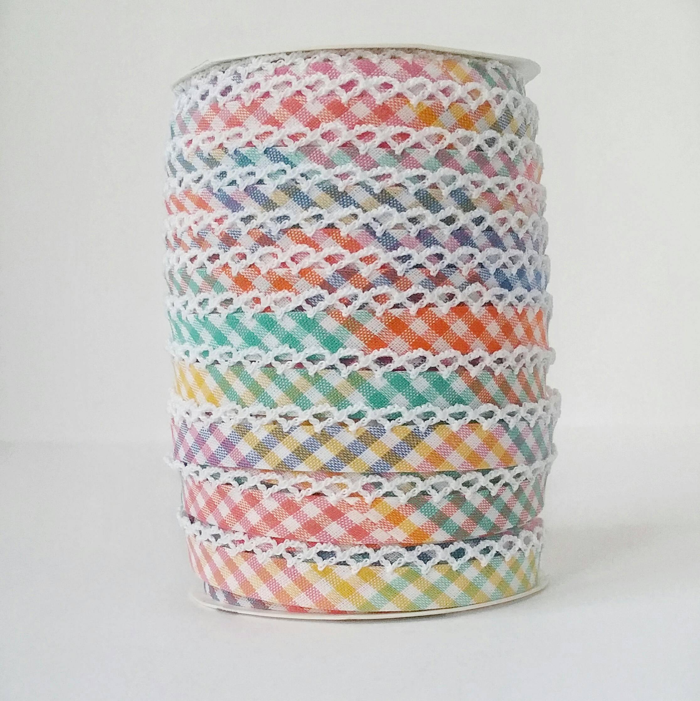 Rainbow Crochet Edge Double Fold Gingham Bias Tape 