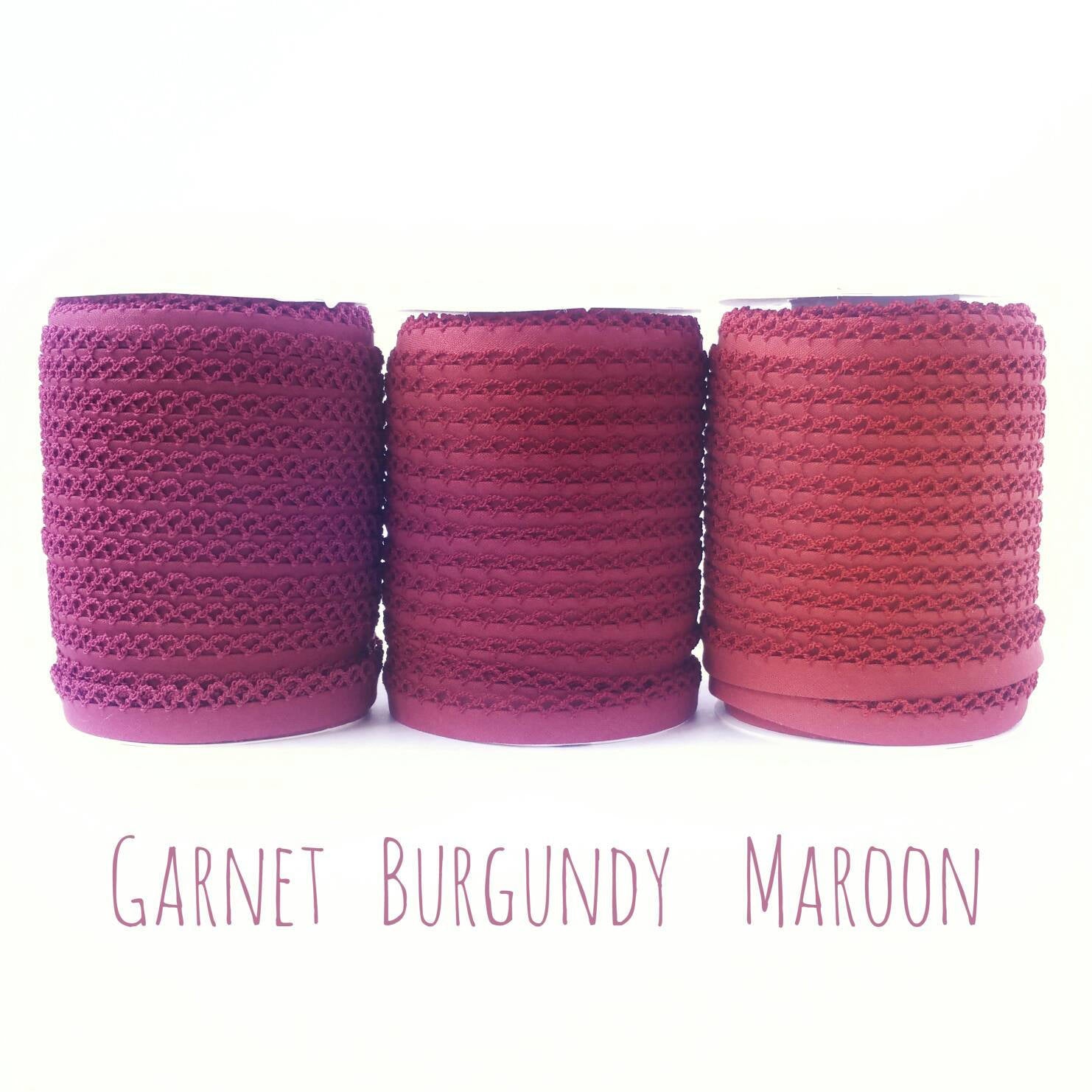 Crochet Edge Double Fold Bias Tape, Picot Edge, Quilt Binding, GARNET, BURGUNDY &amp; MAROON Crochet Bias Tape By the Yard, Purple Red Bias Tape