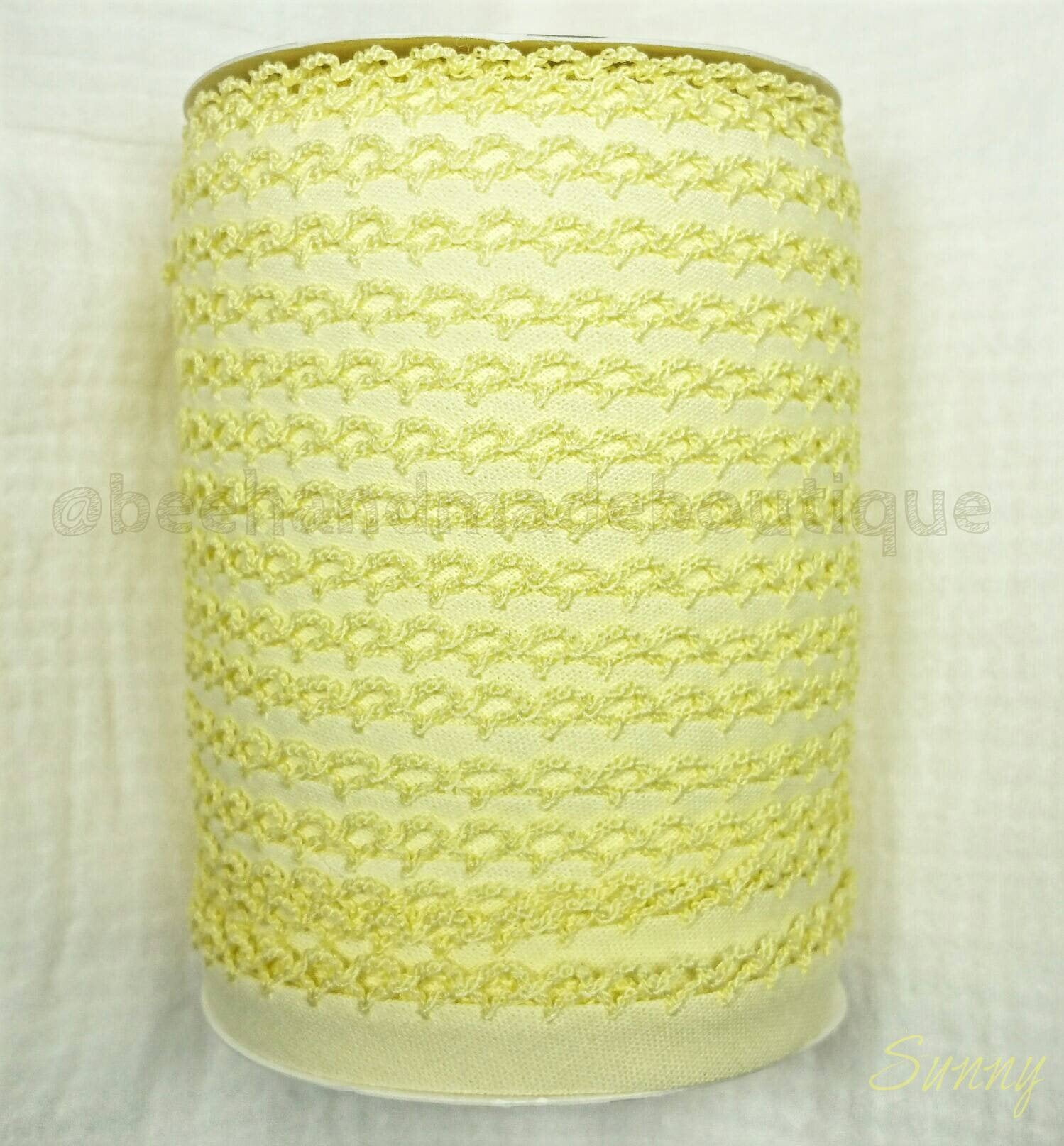 Yellow Crochet Bias Tape, Double Fold Bias Tape, Crochet Edge Bias Tape, Quilt Binding, Light Yellow Lace, SUNNY YELLOW Picot Egde Bias Tape